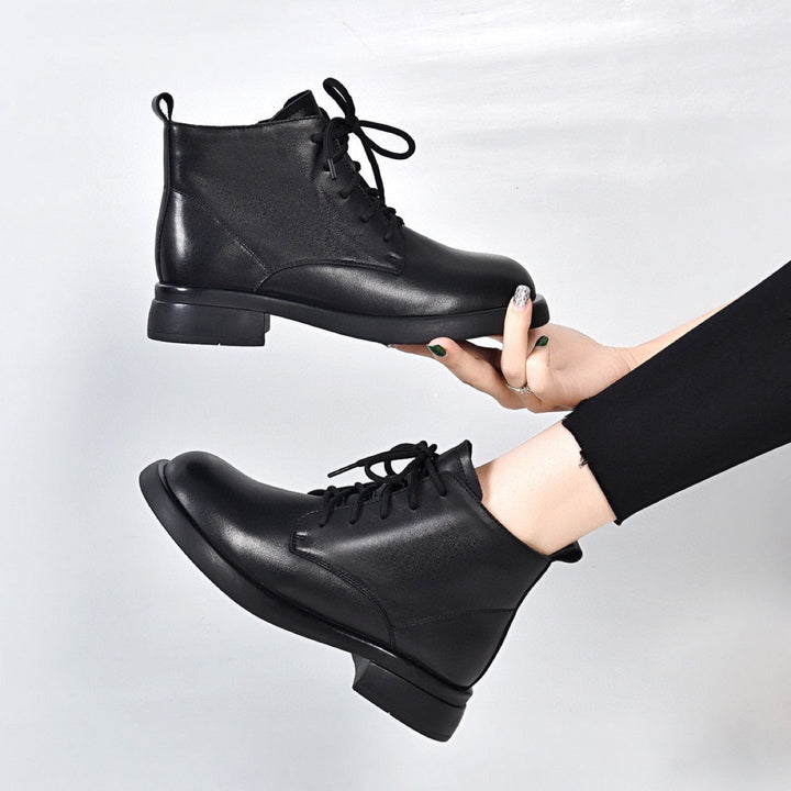 Women's Genuine Leather Ankle Boots - Lace-Up & Side Zipper with Block Heel