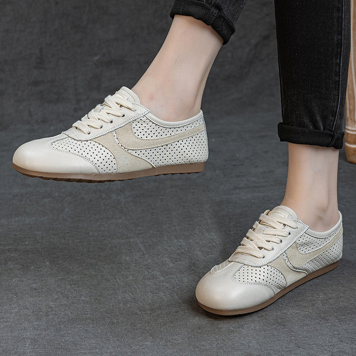 Women's Leather Perforated Sneakers Lace Up Breathable Flat Walking Shoes