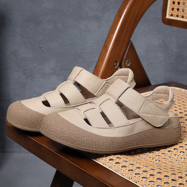 Women's Leather Sporty Fisherman Sandals - Closed Round Toe Casual Summer Walking Shoes with Velcro