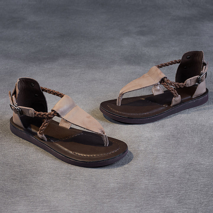 Women's Leather T-Strap Sandals - Vintage Braided Strappy Thong Flat Sandals Summer Buckle Slingback Shoes