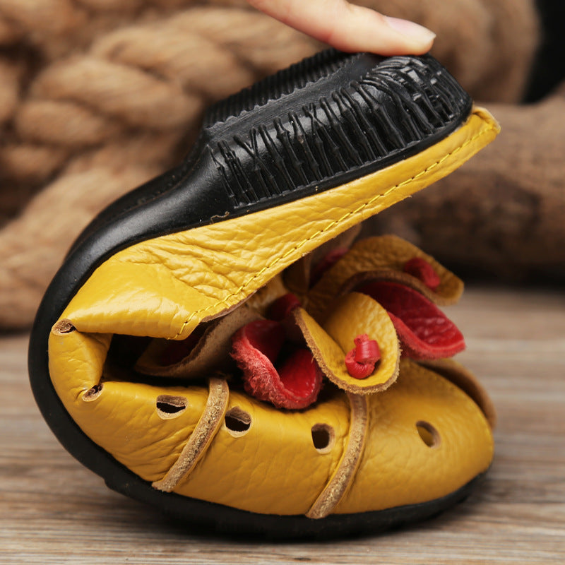 Women's Leather Mules - Retro Hollow Out Summer Sandals with Floral Detail, Slip-on Round Toe Flat Shoes