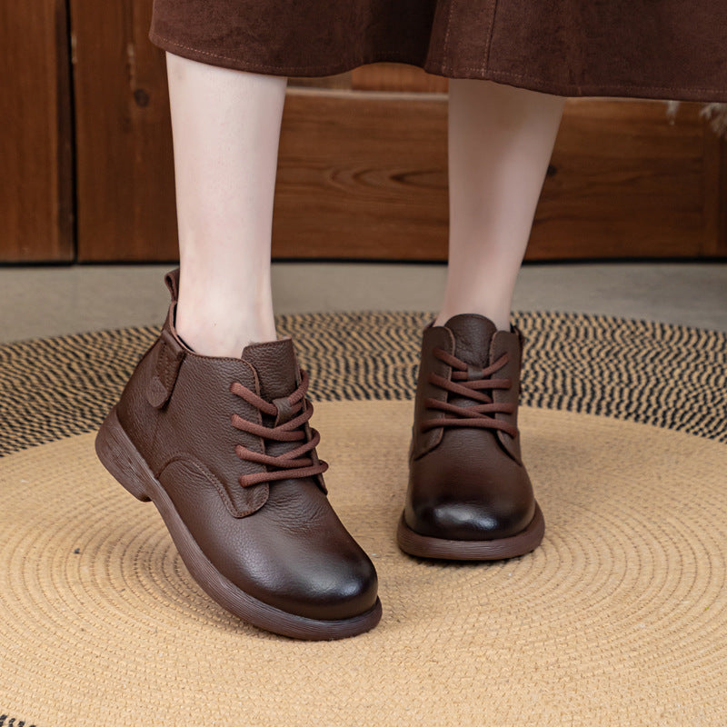 Women's Leather Ankle Boots - Vintage Round Toe Lace-Up Side Zipper Oxford Booties Comfort Walking Shoes