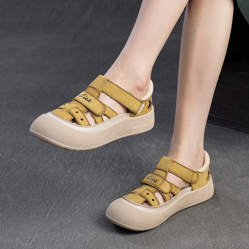 Women's Retro Woven Fisherman Sandals Vintage Leather Velcro Platform Shoes