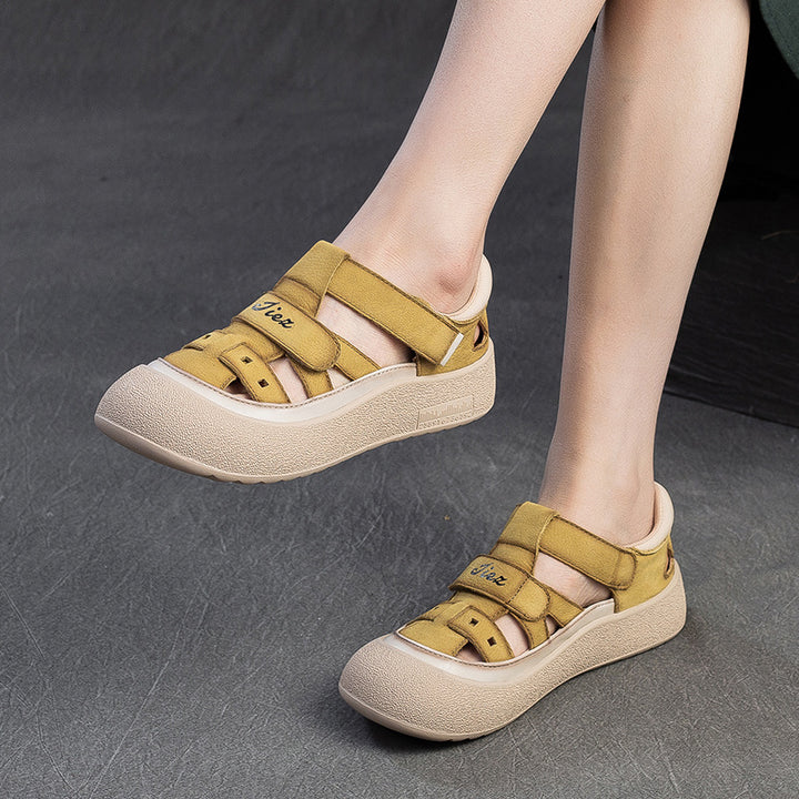 Women's Retro Woven Fisherman Sandals Vintage Leather Velcro Platform Shoes