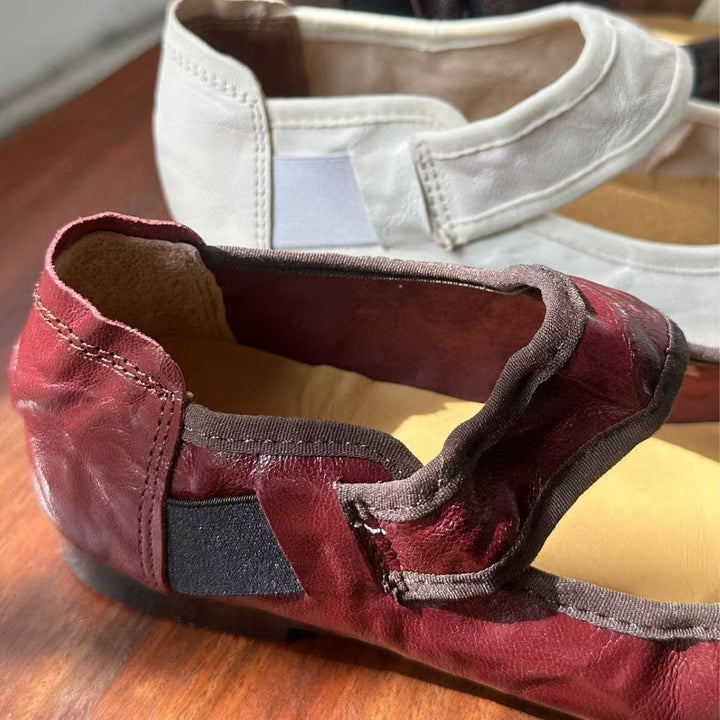 Women's Retro Lambskin Mary Jane Flats Vintage Square Toe Elastic Strap Ballet Shoes