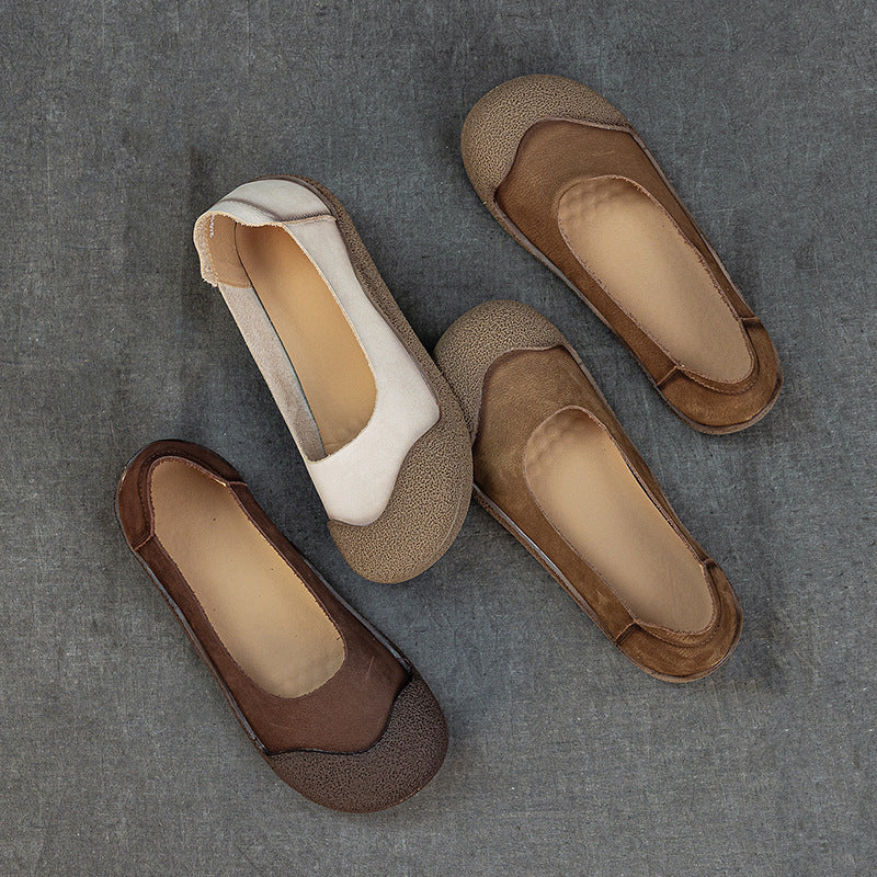 Women's Genuine Leather Ballet Flats Round Toe Slip On Unlined Walking Shoes