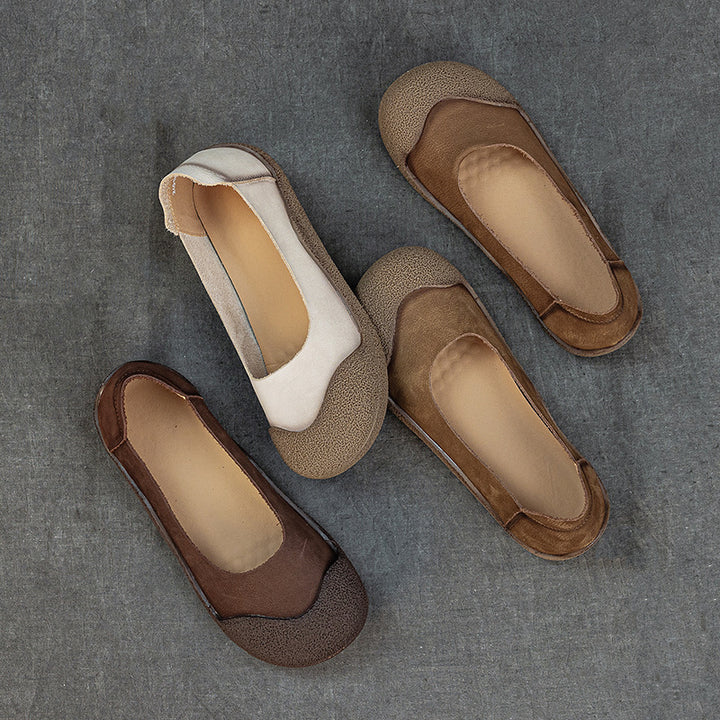 Women's Genuine Leather Ballet Flats Round Toe Slip On Unlined Walking Shoes
