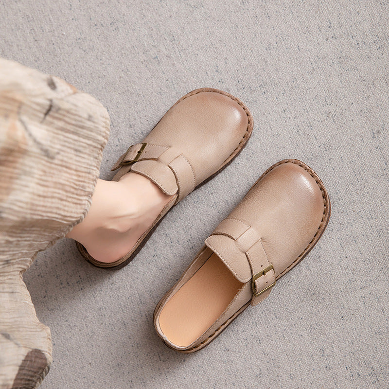 Wide Round Toe Leather Buckle With Decoration Flat Comfort Women's Mule Shoes
