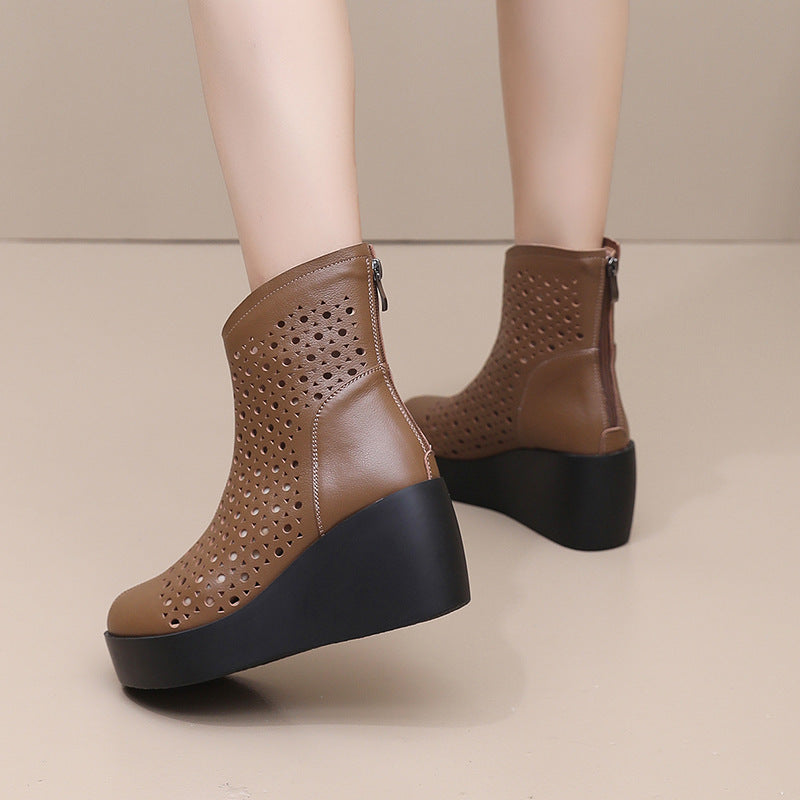 Women‘s Retro Cowhide Ankle Boots Vintage Round Toe Cutout Perforated Wedge Platform High Heels