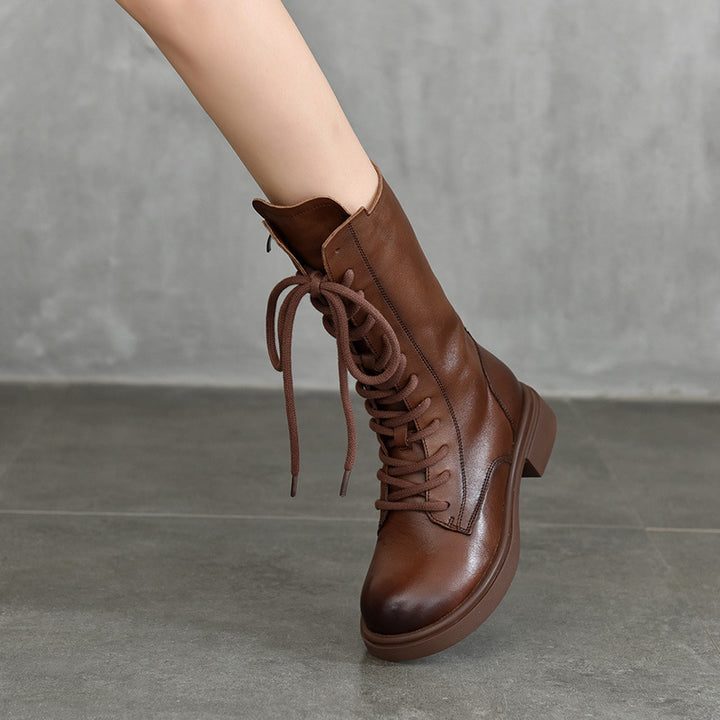 Women's Mid Calf Combat Boots Top-Grain Leather Lace Up Side Zipper Platform Booties