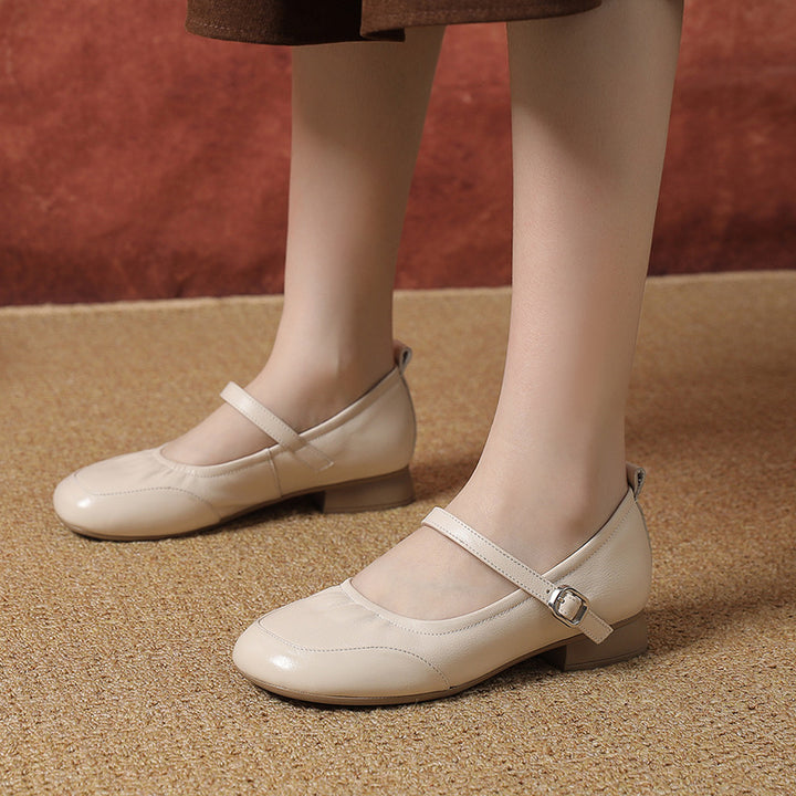 Women's Soft Cowhide Leather Mary Jane Flats Round Toe Buckle Strap Low Heel Shoes