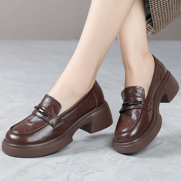 Women's Chunky Cowhide Loafers Platform Slip-On Modern Preppy Style