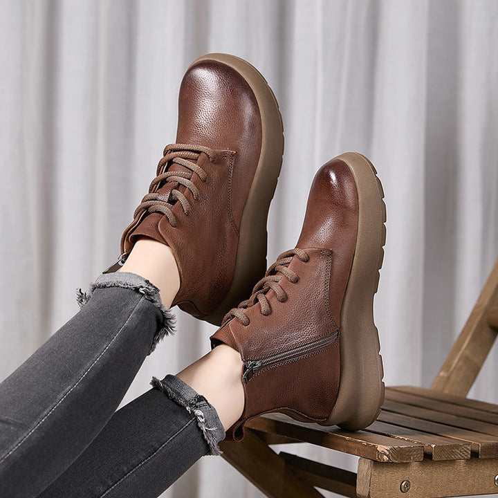 Women’s British Style Leather Platform Ankle Boots – Zip High-Top Design