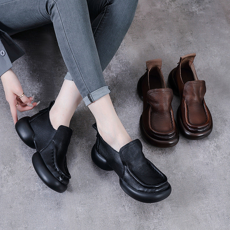 Women's Minimalist Platform Loafers - Leather Elevated Flats - Breathable Unlined Slip-Ons