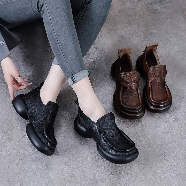 Women's Minimalist Platform Loafers - Leather Elevated Flats - Breathable Unlined Slip-Ons