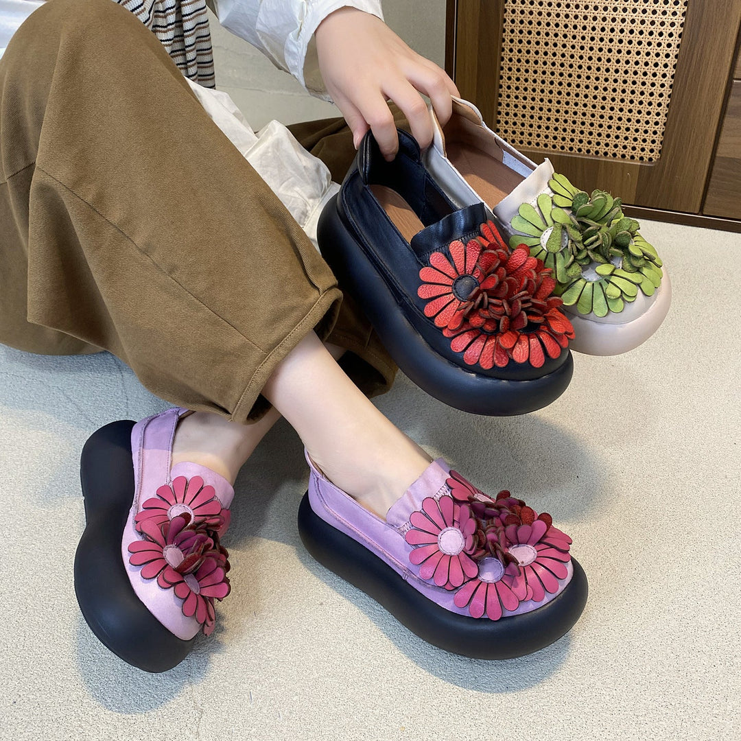 Women’s Handmade Leather Floral Ethnic Style Platform Shoes – Retro Casual Flats