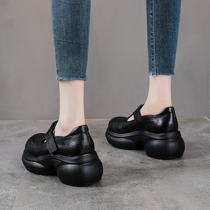 Women's Chunky Loafers - Leather Elevated Flats - Breathable Unlined Design with Velcro Strap