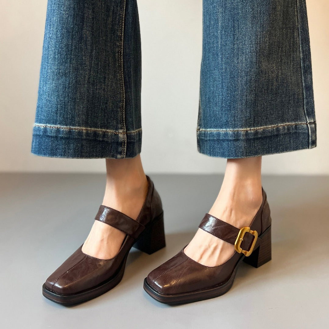 Women's Mary Jane Pumps - Square Toe Gold Buckle High Block Heel Dress Shoes