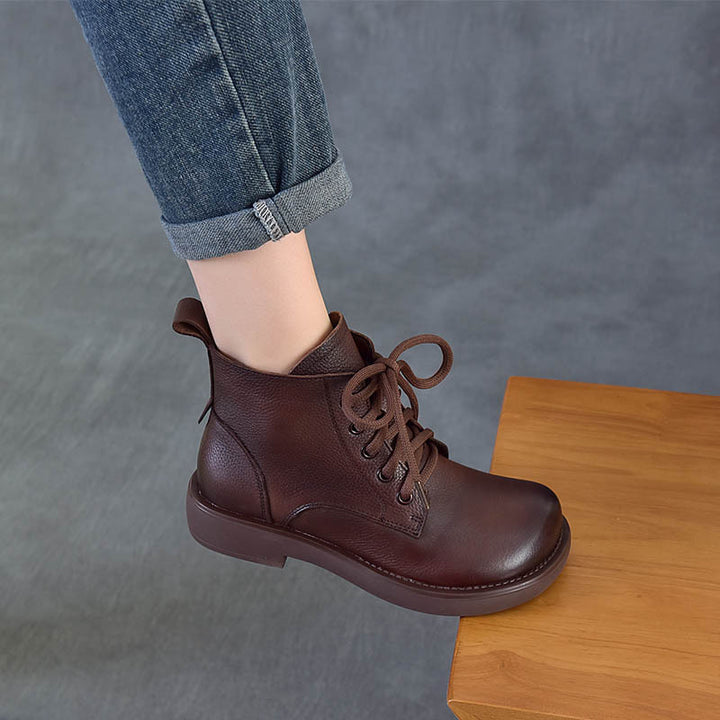 Women's Vintage Leather Ankle Boots Zipper Lace Up Flat Combat Booties