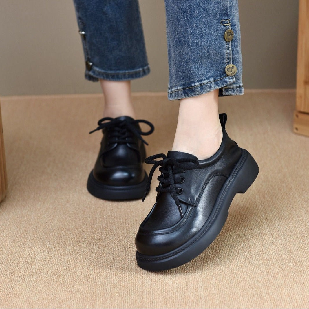 Women's Leather Casual Lace-up Round-Toe Low-Heel Daily Shoes