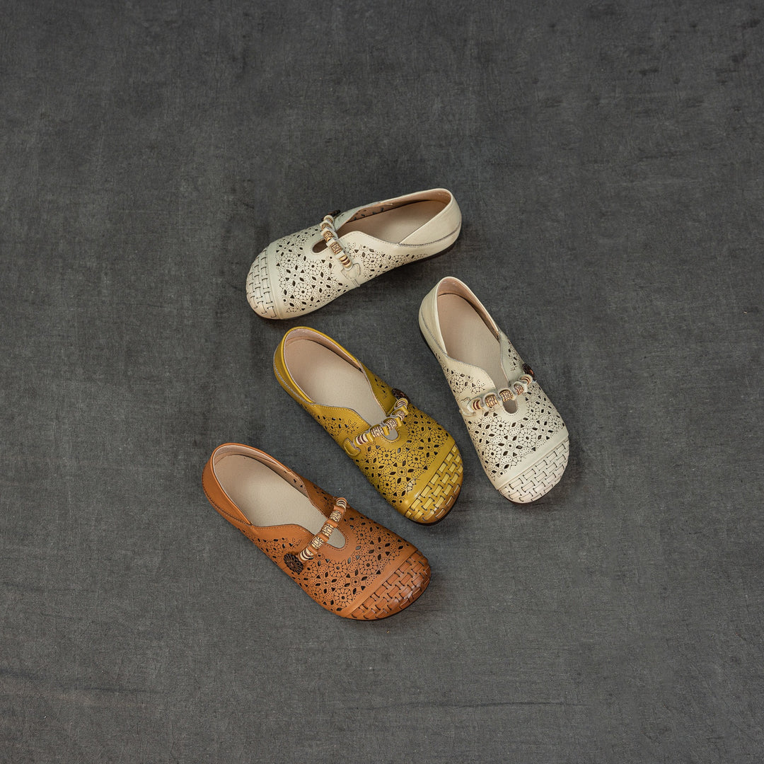 Women's Retro Cutout Leather Loafers Vintage Hollow-out Slip-on Flats