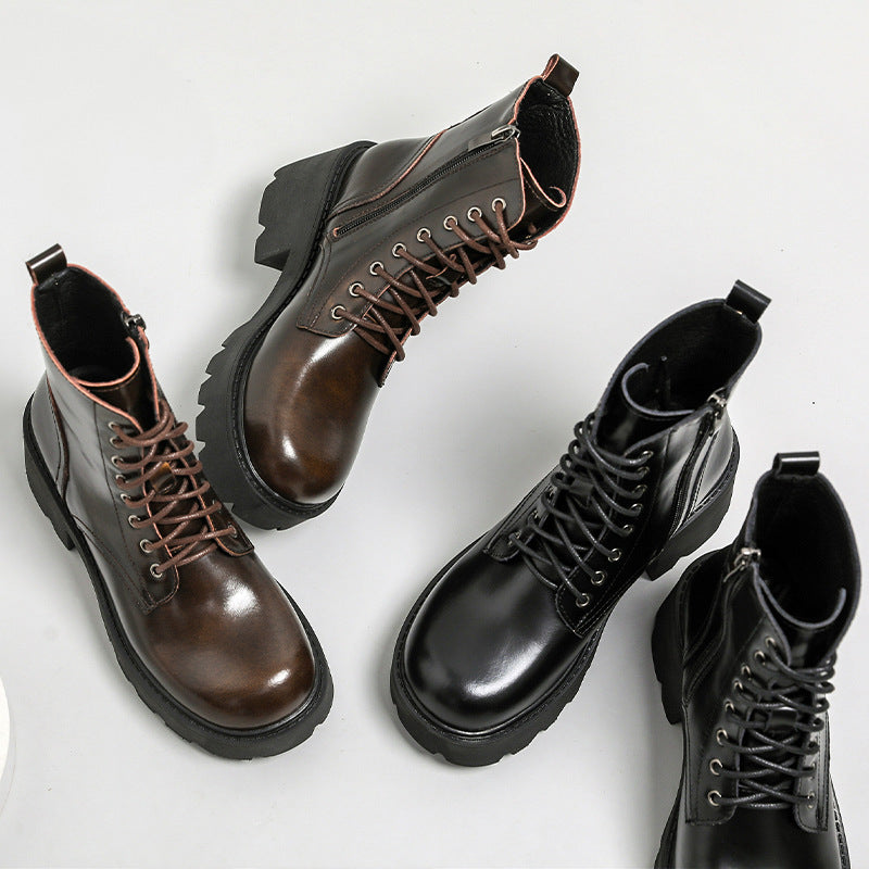 Womens Combat Boots Platform Leather Chunky Heel Zipper Boots