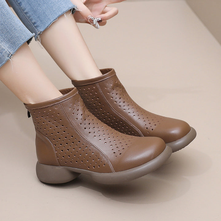 Women‘s Retro Cowhide Ankle Boots Vintage Round Toe Cutout Perforated Chunky Heels