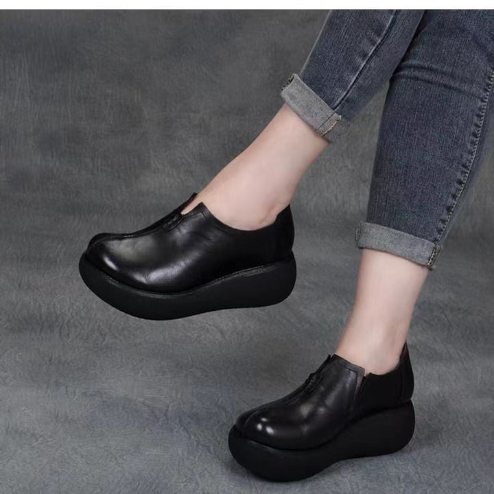 Women's Vintage Cowhide Wedge Platform Shoes Round Toe Soft Sole Slip-On Loafers