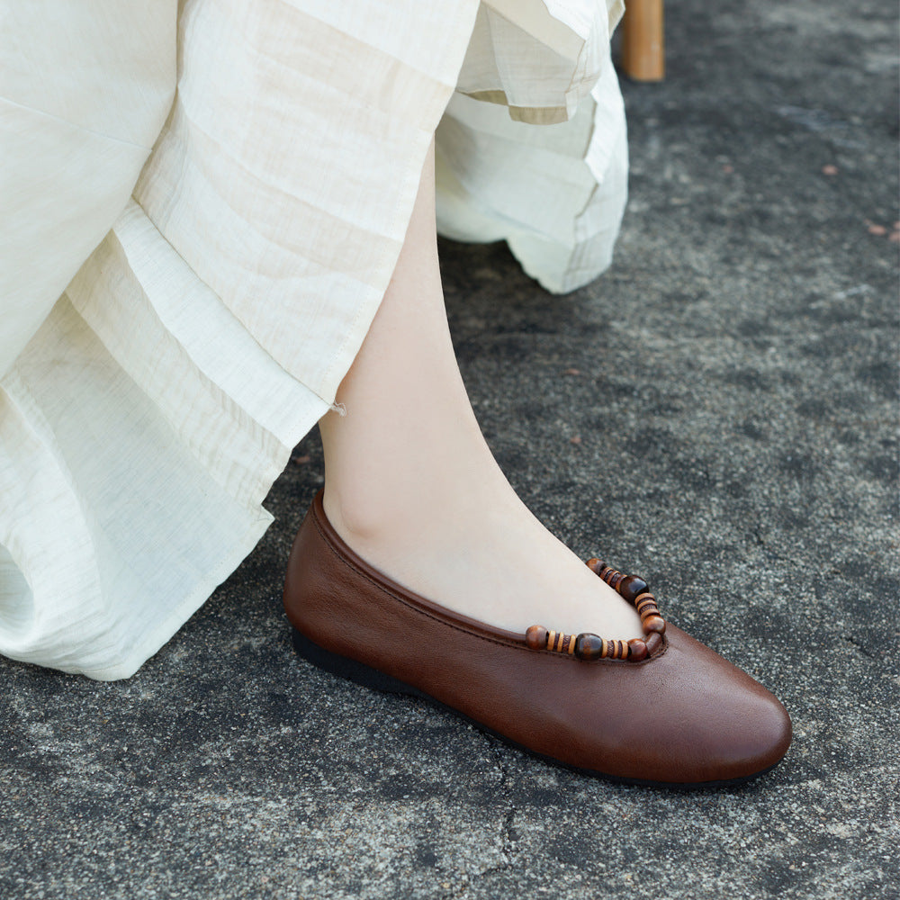 Women's Leather Ballet Flats - Vintage Beaded Loafers, Slip-on Round Toe Spring Summer Comfort Shoes