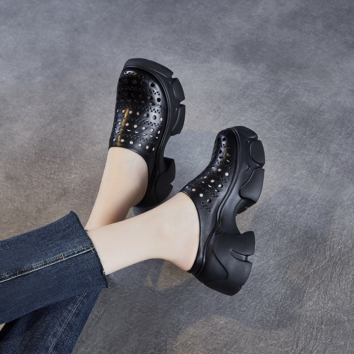 Women's Leather Platform Mules - Hollow Out Perforated Closed Round Toe Chunky Sandals Summer Slides