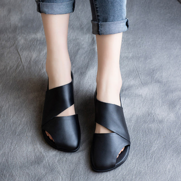 Women's  Leather Summer Cut-Out Sandals - Unlined Breathable Back Zipper Closure