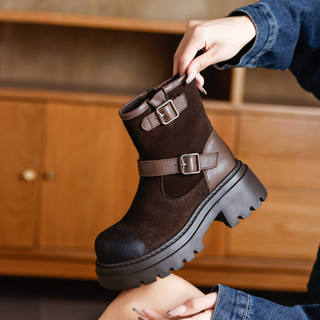 Women's Buckle Strap Cowhide Ankle Boots Chunky Platform Mid Heel Motorcycle Boots