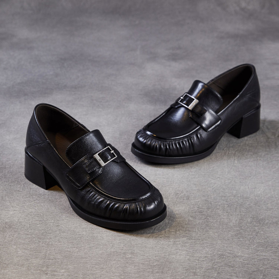 Women’s Sheepskin Leather Loafers – British Style Block Heel Mid Heel Shoes