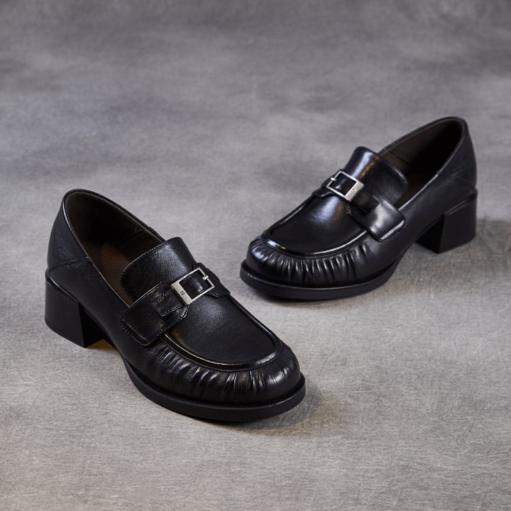 Women’s Sheepskin Leather Loafers – British Style Block Heel Mid Heel Shoes
