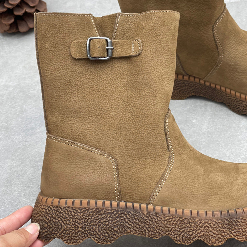 Women's Vintage Leather Mid-Calf Slip On Platform Booties Round Toe Chunky Sole Walking Shoes