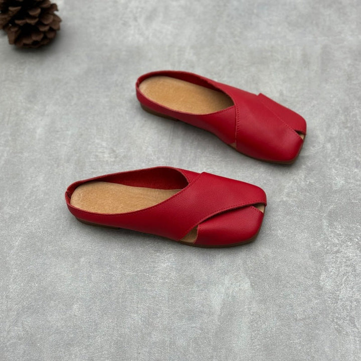 Women's Leather Retro Hollow Out Square Toe Mule Shoes