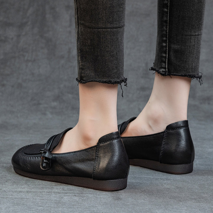Women's Genuine Leather Knot Loafers Round Toe Slip On Flat Shoes Soft Sole