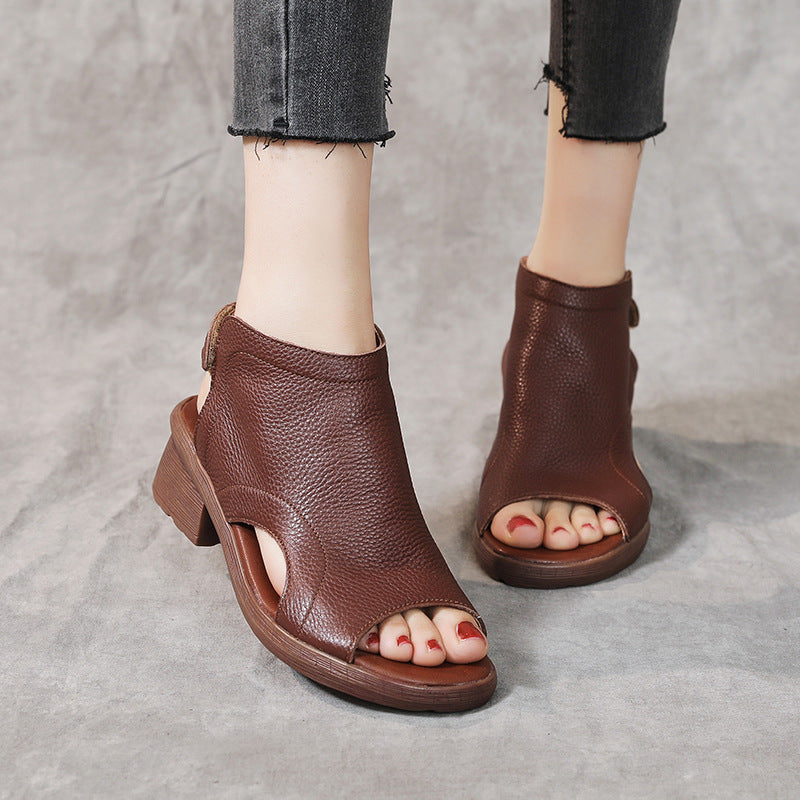 Women's Leather Block Heel Hollow Out Open Toe Sandals
