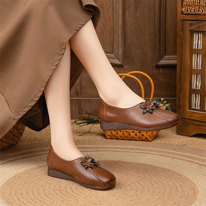 Wedges Flat Flower Vintage Leather Soft Sole Slip Women's Shoes