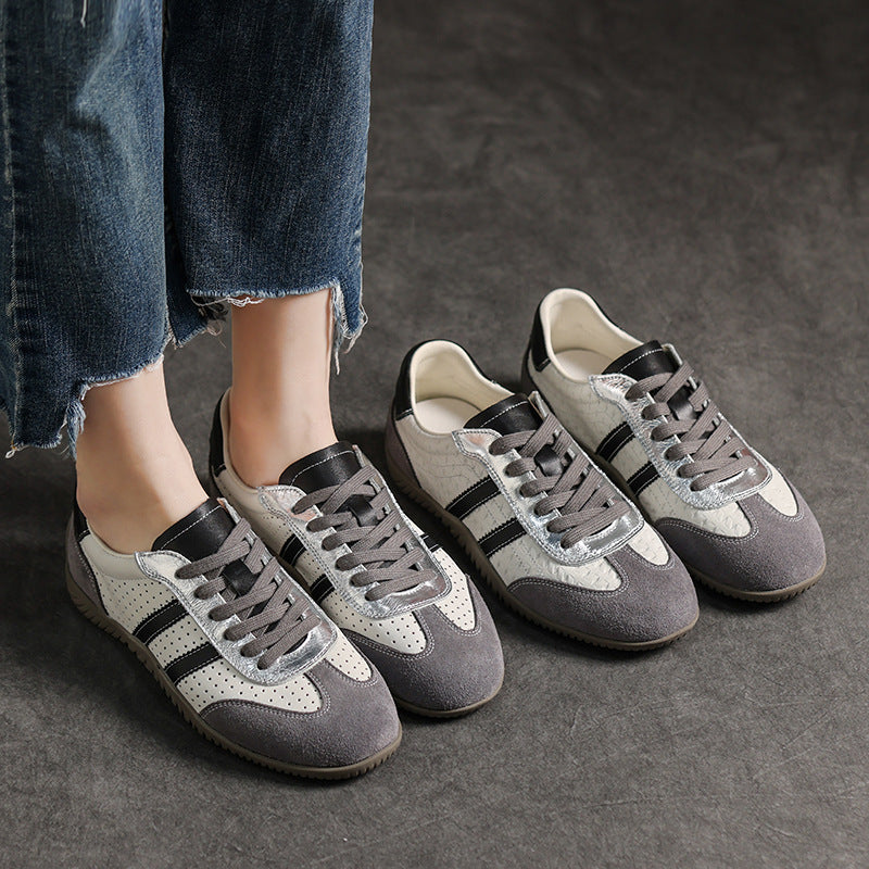 Women's Genuine Leather Retro Sneakers Patchwork Flat Lace Up Casual Walking Shoes