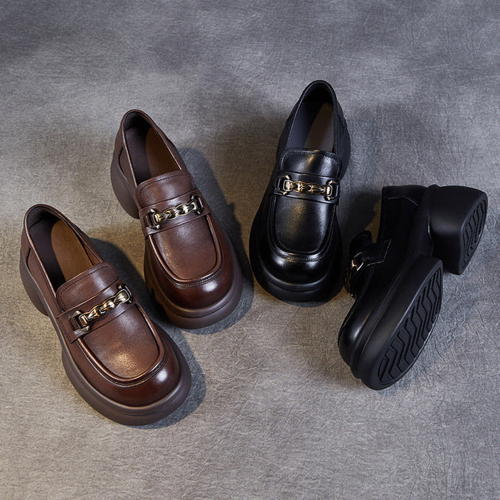 Women’s Leather Platform Block Heel Loafers – British Vintage Chain Detail