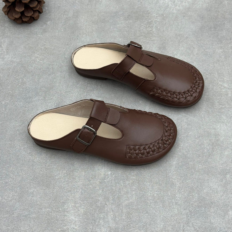 Women's T-Strap Leather Mules Retro Woven Perforated Clogs Barefoot-Friendly Casual Summer Flats