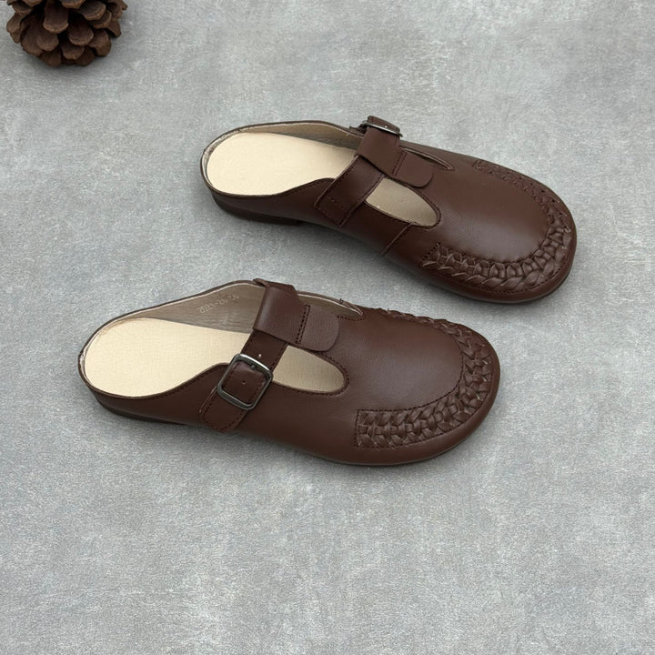 Women's T-Strap Leather Mules Retro Woven Perforated Clogs Barefoot-Friendly Casual Summer Flats