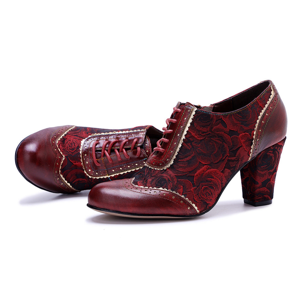 Women's Vintage Floral Sheepskin Oxfords High Heel Lace Up Brogue Booties