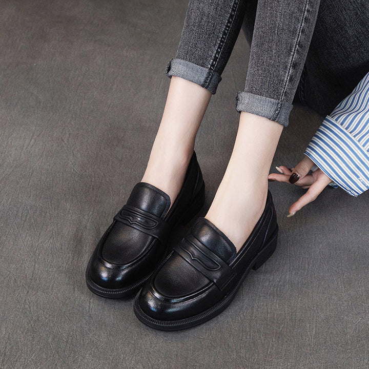 Comfortable Leather Penny Loafers for Women - Classic Round Toe Slip-On Shoes