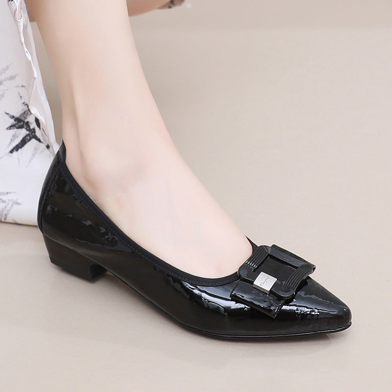 Women's Patent Sheepskin Pointed Toe Pumps Buckle Low Chunky Heel Slip On Shoes