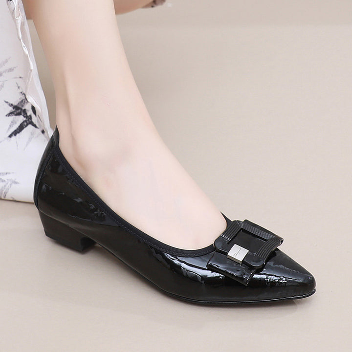 Women's Patent Sheepskin Pointed Toe Pumps Buckle Low Chunky Heel Slip On Shoes