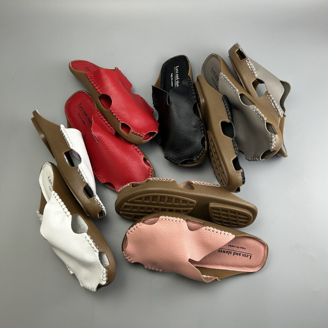 Women's Leather Mules - Soft Hand-Stitched Pebble Grain Flat Sandals Casual Summer Slip-On Slides