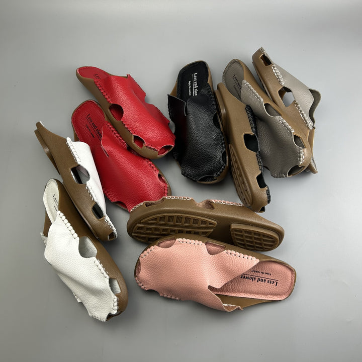 Women's Leather Mules - Soft Hand-Stitched Pebble Grain Flat Sandals Casual Summer Slip-On Slides