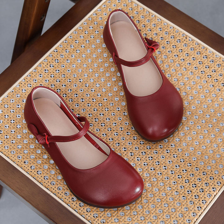 Women's Leather Mary Jane Flats - Vintage Round Toe Slip-On Ballet Flats with Bow Knot Strap Comfort Walking Shoes